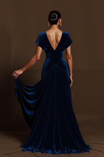 Robe longue de vacances plissée à col en V bleu royal